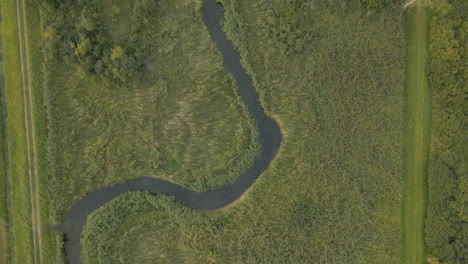 Top-down-aerial-view-of-winding-curvy-river-through-flat-green-beautiful-farmland