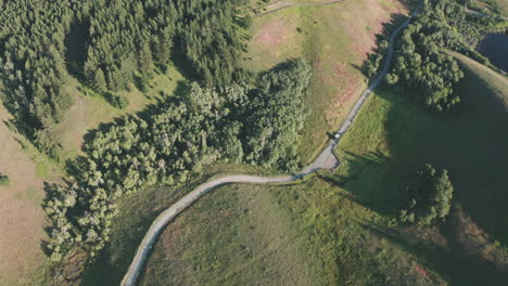 Bird’s-eye-view-of-vehicle-driving-on-winding-dirt-road-through-grass-and-trees