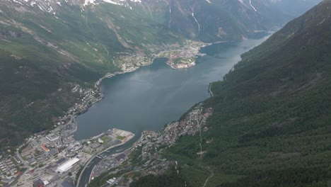 Drone-video-of-the-city-Odda-located-deep-inside-the-fjords-of-Hardanger,-Norway