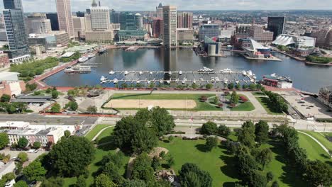 Aerial-tilt-up-reveals-Federal-Hill-and-downtown-Baltimore-financial-district-and-Inner-Harbor,-American-flag,-sand-volleyball-court,-boats-ships-and-yachts-in-harbour,-aquarium,-tourist-attractions