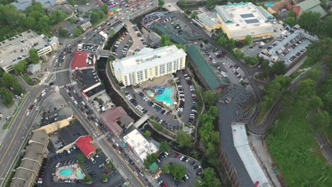 Aerial-View,-Gatlinburg-Downtown,-Tennessee-USA,-Margaritaville-Hotel,-Cityscape-Streets-and-Buildings
