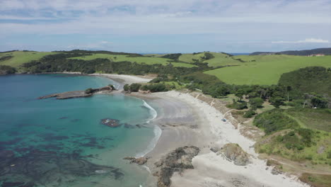 Picturesque-Landscape-Of-Tawharanui-Regional-Park-In-Summer-With-Turquoise-Blue-Water-In-The-Ocean-In-Auckland,-New-Zealand