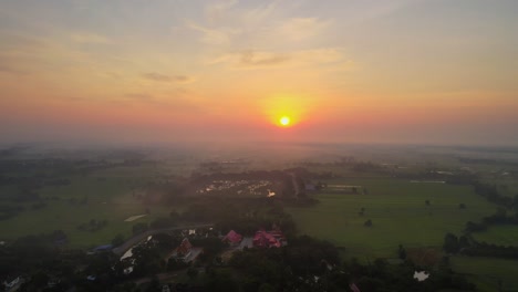 AERIAL:-drone-footage-of-the-sunrise-over-a-swamp-and-rice-field