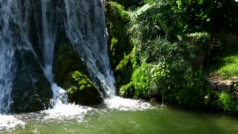 Wasserfall-Und-Pflanzen-Im-Mills-Pond-Park-In-San-Saba,-Texas