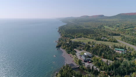 Flyover-Aerial-Of-Lake-Superior-Resort