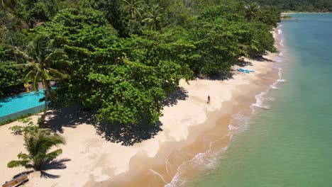 Tropical-Island-drone,-bird’s-eye-view-down-shot-with-lush-green-rain-forest-and-tropical-palm-trees-with-white-sand-beach-with-man-walking-past-a-resort-on-the-beach