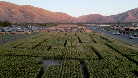 Drone-Flying-Over-The-Corn-Maze-With-A-Scenic-Mountains-In-The-Background-In-Utah,-USA