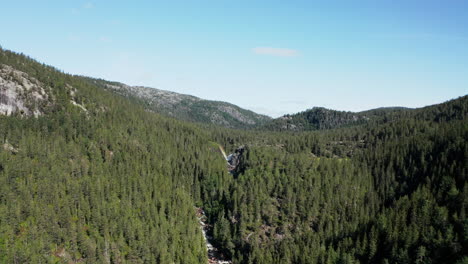 Aerial-view-towards-the-RjukanFossen-waterfall,-sunny,-summer-day,-in-Tinn,-Agder,-South-Norway---dolly,-drone-shot