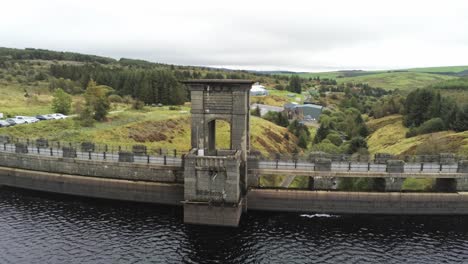 Alwen-reservoir-industrial-hydroelectric-landmark-historical-rural-lake-dam-building-pull-away-aerial-right