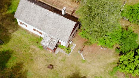 The-Sky-View-Of-A-House-In-Pradzonka-Surrounded-With-Green-Trees-And-Different-Plants---Aerial-Shot