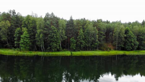 Evergreen-Forest-Landscape-Reflections-By-The-Calm-Lake-Under-Clear-Sky-At-The-Village-Near-Pradzonka,-In-Northern-Poland