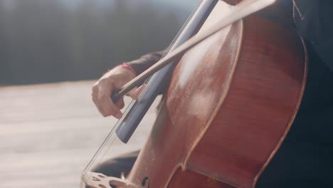 Nahaufnahme-Eines-Cellospielers,-Der-Im-Freien-In-Einer-Warmen-Herbstlandschaft-Mit-Einem-Schwarzen-Hemd-Im-Pizzicato-Stil-Spielt