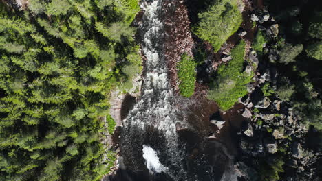 Aerial-view-above-the-RjukanFossen-waterfall,-sunny,-summer-day,-in-Tinn,-Agder,-South-Norway---top-down,-drone-shot