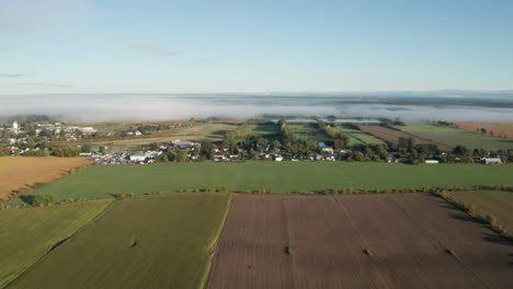 Ackerland-Und-Getreide-Auf-Feldern-Mit-Nebel,-Der-Am-Frühen-Morgen-Tief-über-Der-Landschaft-Hängt