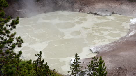 Long-shot-of-hot-spring-pool-with-steam-rising-from-it