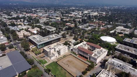 Aerial-descending-view-across-CalTech-institute-landmark-campus-skyline