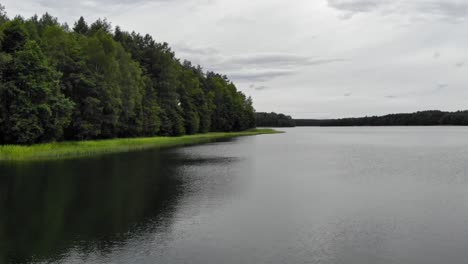 Calm-Water-Of-Pradzonka-Lake-And-Thick-Quiet-Forest-In-Poland-On-A-Cloudy-Afternoon---aerial-shot