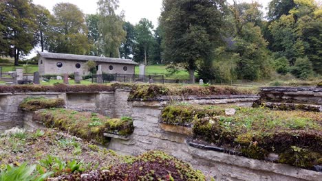 Pan-of-green-garden-at-the-ruins-of-the-old-Varnhem-Abbey-in-Sweden