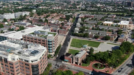 Aerial-drone-view-of-campus-and-grounds,-housing,-at-University-of-Maryland-in-Baltimore,-Maryland,-USA,-higher-education-and-medical-school-theme