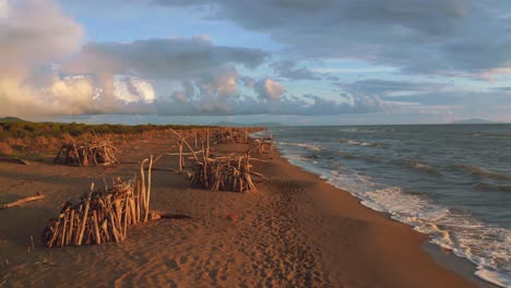 Aerial-drone-footage-of-driftwood-tipis-at-a-sandy-beach-seaside-in-the-iconic-Maremma-nature-park-in-Tuscany,-Italy,-with-a-dramatic-cloud-sky-at-sunset-with-small-blue-waves-and-the-island-Giglio
