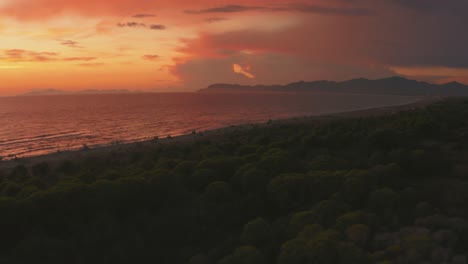 Aerial-anamorphic-cinema-footage-of-pine-tree-forest-and-sandy-beach-seaside-in-the-iconic-Maremma-nature-park-in-Tuscany,-Italy-with-dramatic-clouds-covering-the-sky-at-sunset,-facing-the-island-Elba