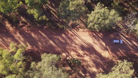 Top-down-view-of-a-car-passing-and-driving-on-the-iconic-Australian-red-dirt-outback-road