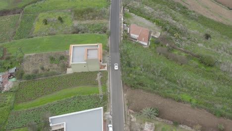 Car-driving-through-fresh-green-farmland-with-sparse-housing,-top-down-following