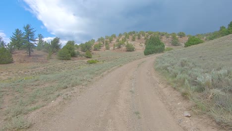 POV-driving-in-all-terrain-vehicle-on-narrow-dirt-trail-in-the-Rocky-Mountains-of-Colorado