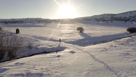 A-Man-Standing-on-Snowy-Fields-Drone-Footage