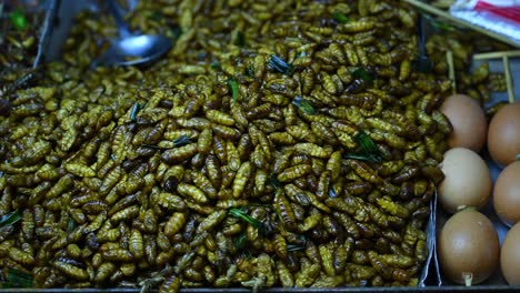 Deep-fried-Silkworm-Pupae,-Tua-Mai-Tod,-Street-Food-in-Thailand