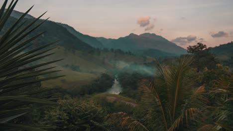 Sunset-time-lapse-of-nature,-mountains,-plants-and-a-river-in-Lanquin,-Semuc-Champey,-Guatemala