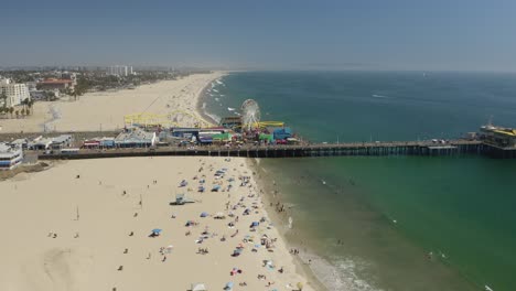 Santa-Monica-Beach,-Iconic-Pier,-Birds-Eye-View-on-Summer-Day