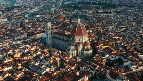Florence-Cathedral-at-sunrise,-high-aerial-view