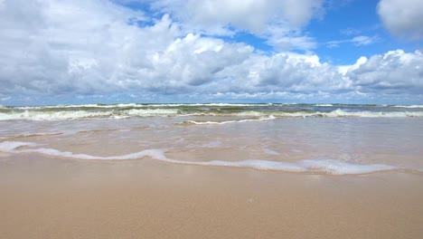 Gentle-Waves-on-Sandy-Beach-of-Baltic-Sea-Coast-in-Poland