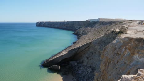 Einspielung,-Malerischer-Blick-Auf-Den-Kristallklaren-Strand-Und-Die-Felsige-Klippe-An-Der-Algarve,-Portugal,-Menschen,-Die-An-Einem-Sonnigen-Tag-Im-Hintergrund-Auf-Der-Klippe-Spazieren-Gehen