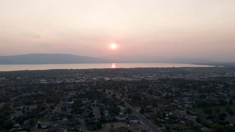 Utah-sunset-aerial-view,-seen-through-smoke-from-California-wildfires