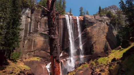 Statische-Aufnahme-Von-Frühlingshaften-Wasserfällen-Mit-Einem-Baum-Im-Vordergrund