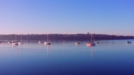 Luxusyachten-Und-Boote,-Die-Auf-Dem-Ruhigen-See-Schwimmen,-Mit-Reflexionen-über-Einen-Sonnenaufgang-In-Auckland,-Neuseeland