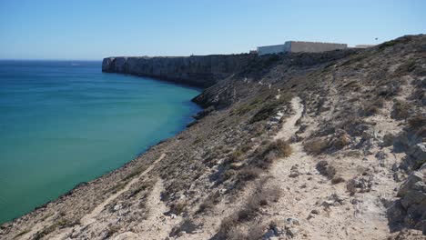 Establecimiento-De-Tiro,-Vista-Panorámica-Del-Acantilado-Rocoso-Y-Arenoso-Y-El-Mar-En-Algarve,-Portugal