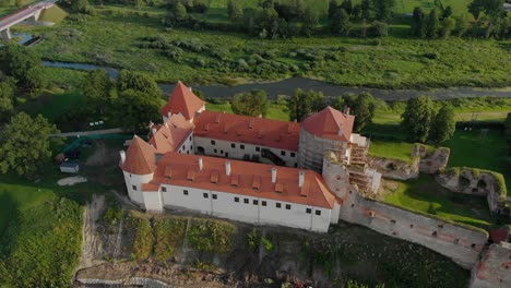 Drone-aerial-looking-down-on-the-restored-Bauska-castle-after-restoration-in-Latvia