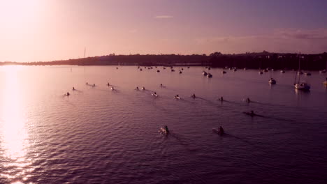 Menschen,-Die-Bei-Einem-Wunderschönen-Sonnenaufgang-In-Auckland,-Neuseeland,-Kajak-Rudern-Und-Mit-Segelbooten-Auf-Dem-Ruhigen-Wasser-Schwimmen