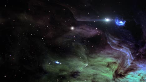 Grüne-Und-Violette-Nebelwolken,-Die-Mit-Sternen-Im-Kosmos,-Raum-übersät-Sind