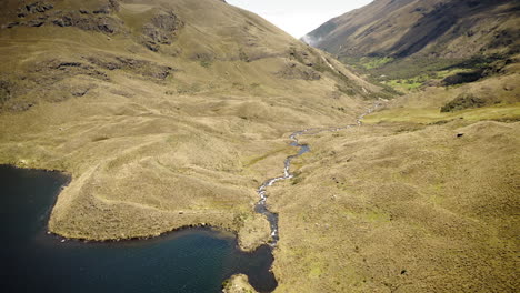 Drone-flying-over-Andes-mountains-and-lake-in-Parque-Nacional-Cajas,-Ecuador
