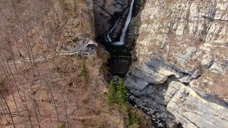 Aerial-backward-of-Savica-waterfall-near-Bohinj,-Slovenia