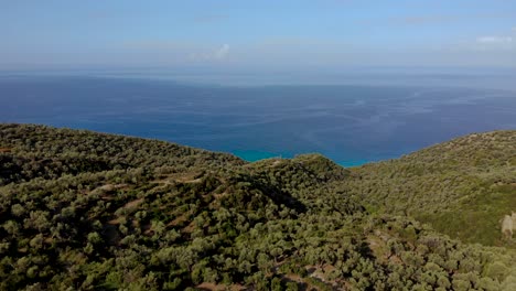 Mar-Panorámico-Mediterráneo-Con-Olivos,-Colinas-Verdes-Y-Fondo-Azul-Marino