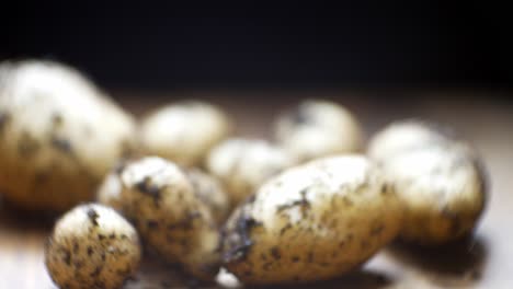 Homegrown-organic-potatoes-shallow-focus-covered-in-soil-on-wooden-kitchen-surface-push-in-to-closeup