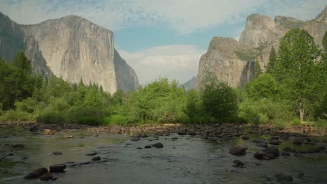 Pan-Up-Reveals-El-Capitan-and-Bridalveil-Falls-behind-Merced-River-in-Yosemite-National-Park,-California-USA