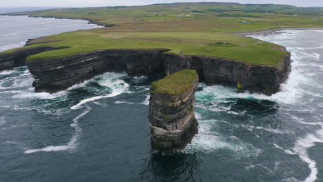 Aerial-view-of-an-astonishing-sea-stack,-Dun-Briste-in-Mayo