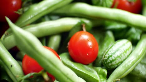 Shallow-focus-healthy-fresh-green-spinach-leaf-cucamelon-cherry-tomato-salad-bowl-closeup-top-down-dolly-left