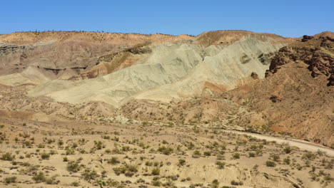 Schotterstraße,-Die-Sich-Vor-Den-Großen-Geologischen-Formationen-Und-Bergen-Im-Regenbogenbecken-In-Der-Mojave-Wüste-Windet